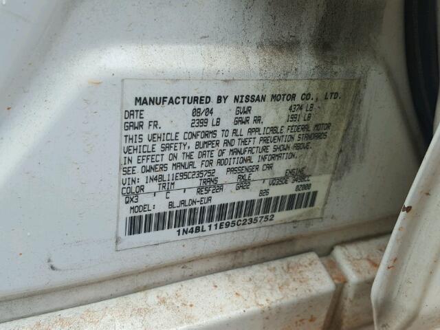 1N4BL11E95C235752 - 2005 NISSAN ALTIMA SE WHITE photo 10