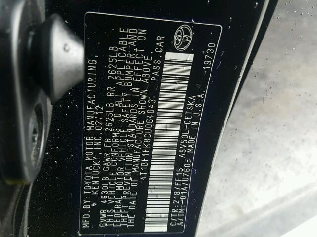 4T1BF1FK8CU064043 - 2012 TOYOTA CAMRY BASE BLACK photo 10