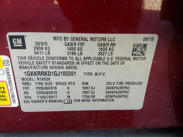 1GKKRRKD1GJ180391 - 2016 GMC ACADIA SLT MAROON photo 10