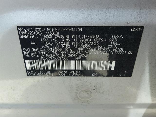 JTMZD33V765027020 - 2006 TOYOTA RAV4 SILVER photo 10