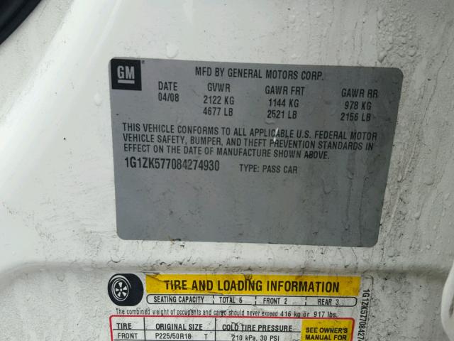 1G1ZK577084274930 - 2008 CHEVROLET MALIBU LTZ 白色 照片 10