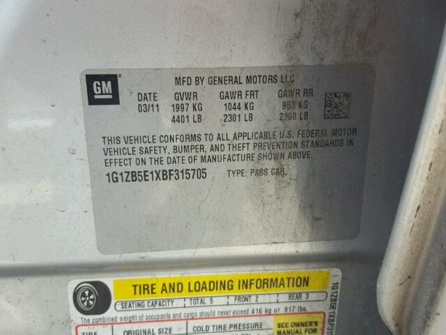 1G1ZB5E1XBF315705 - 2011 CHEVROLET MALIBU LS ვერცხლისფერი ფოტო 10