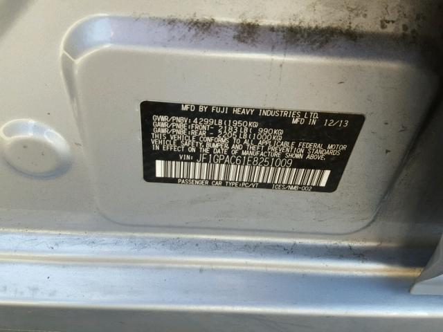 JF1GPAC61E8251009 - 2014 SUBARU IMPREZA PR SILVER photo 10