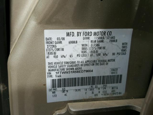 1FTWW31R58ED79664 - 2008 FORD F350 SRW S GOLD photo 10