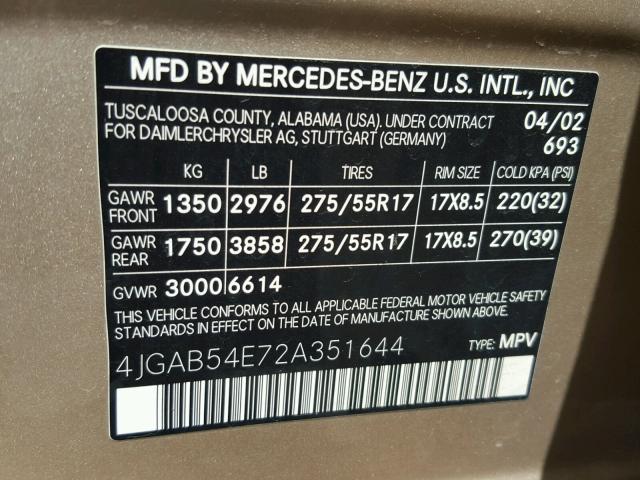 4JGAB54E72A351644 - 2002 MERCEDES-BENZ ML 320 GOLD photo 10