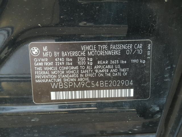 WBSPM9C54BE202904 - 2011 BMW M3 BLACK photo 10