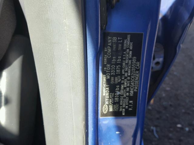 KMHCG45C62U355989 - 2002 HYUNDAI ACCENT GL BLUE photo 10