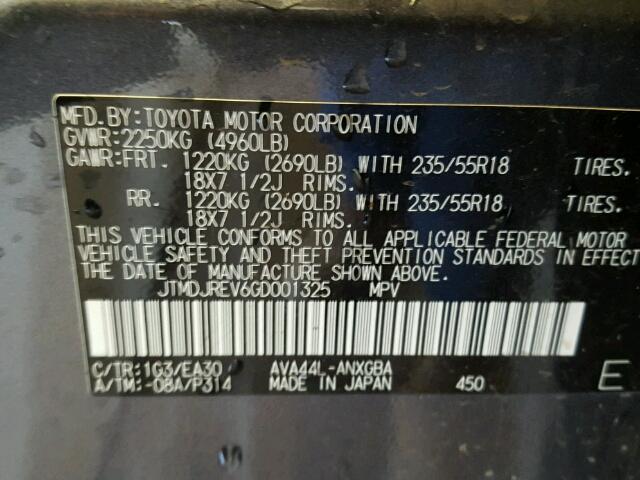 JTMDJREV6GD001325 - 2016 TOYOTA RAV4 HV GRAY photo 10