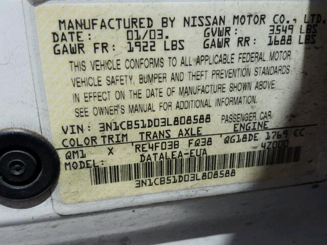 3N1CB51D03L808588 - 2003 NISSAN SENTRA XE/ WHITE photo 10