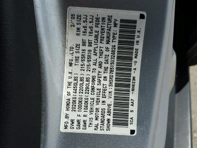 SHSRD78515U324824 - 2005 HONDA CR-V LX SILVER photo 10