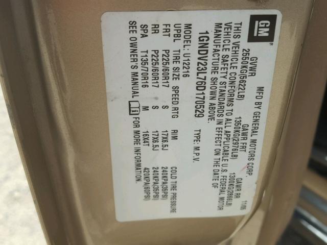 1GNDV23L76D170529 - 2006 CHEVROLET UPLANDER L 金色 照片 10