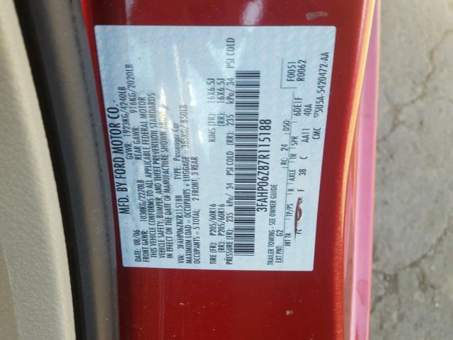 3FAHP06Z87R115188 - 2007 FORD FUSION S RED photo 10