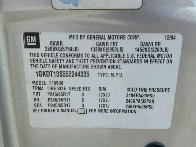 1GKDT13S552244335 - 2005 GMC ENVOY SILVER photo 10