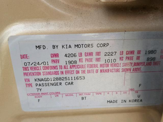 KNAGD128825111653 - 2002 KIA OPTIMA MAG GOLD photo 10