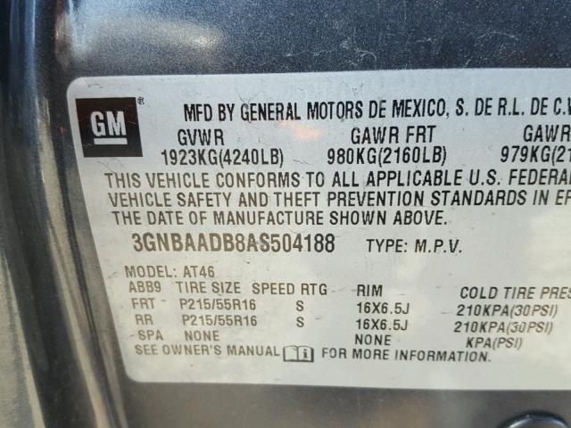 3GNBAADB8AS504188 - 2010 CHEVROLET HHR LS GRAY photo 10