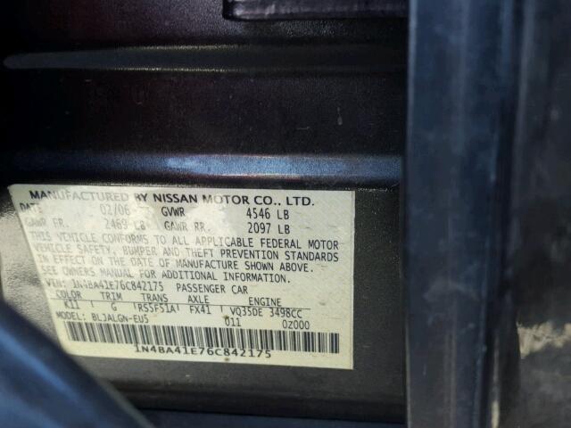 1N4BA41E76C842175 - 2006 NISSAN MAXIMA SE GRAY photo 10