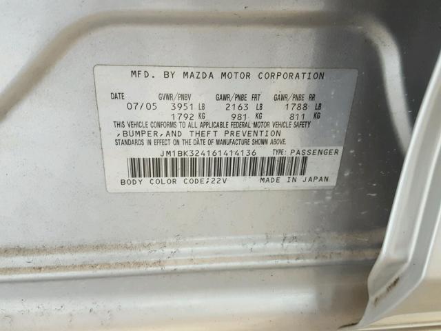 JM1BK324161414136 - 2006 MAZDA 3 S SILVER photo 10