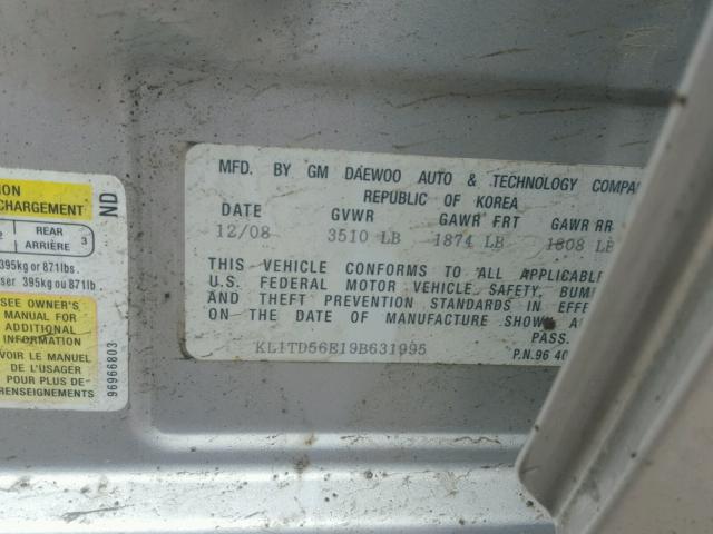 KL1TD56E19B631995 - 2009 CHEVROLET AVEO LS SILVER photo 10