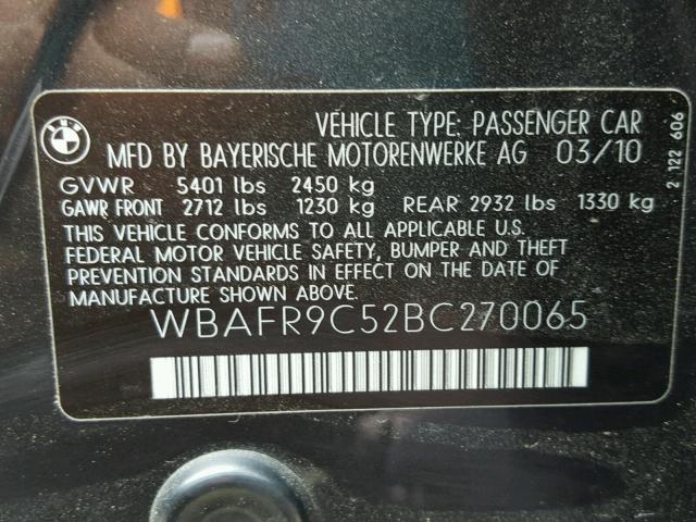 WBAFR9C52BC270065 - 2011 BMW 550 I GRAY photo 10