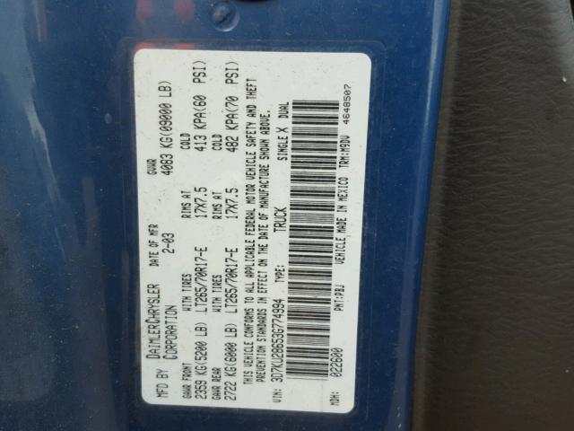 3D7KU28653G774994 - 2003 DODGE RAM 2500 S BLUE photo 10