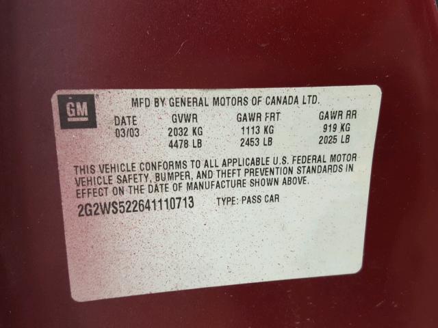 2G2WS522641110713 - 2004 PONTIAC GRAND PRIX BURGUNDY photo 10