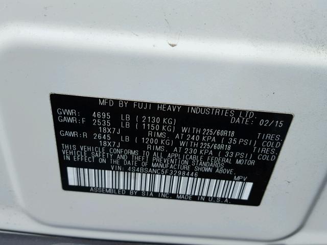 4S4BSANC5F3298446 - 2015 SUBARU OUTBACK 2. WHITE photo 10