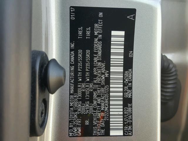 2T2ZZMCA9HC051325 - 2017 LEXUS RX 350 GRAY photo 10