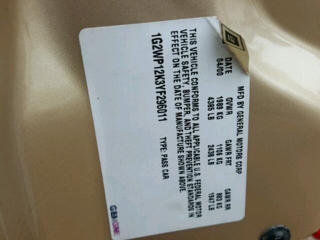 1G2WP12K3YF296011 - 2000 PONTIAC GRAND PRIX TAN photo 10