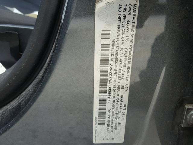 3VW2K7AJ2BM386193 - 2011 VOLKSWAGEN JETTA BASE Մոխրագույն լուսանկար 10