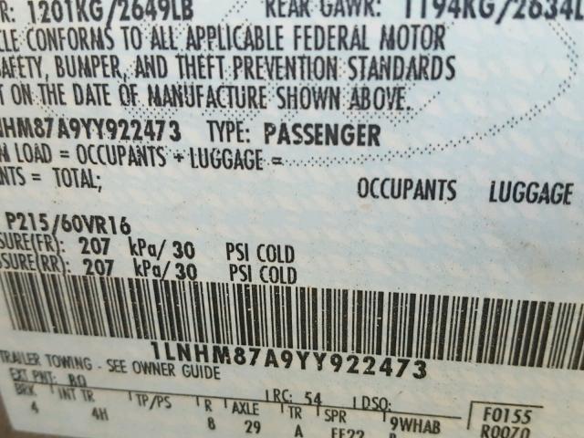 1LNHM87A9YY922473 - 2000 LINCOLN LS 棕色 照片 10