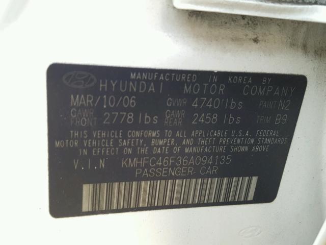 KMHFC46F36A094135 - 2006 HYUNDAI AZERA SE WHITE photo 10