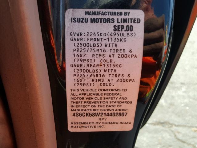 4S6CK58W214402807 - 2001 HONDA PASSPORT E BLACK photo 10