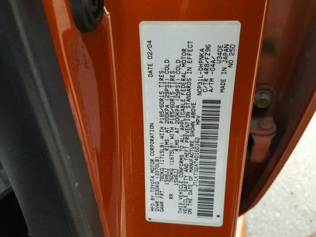 JTLKT324740160162 - 2004 TOYOTA SCION XB ნარინჯისფერი ფოტო 10