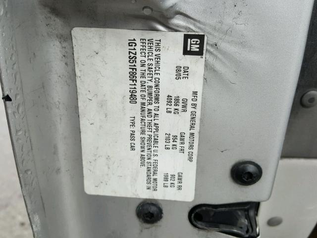 1G1ZS51F86F119480 - 2006 CHEVROLET MALIBU LS ვერცხლისფერი ფოტო 10