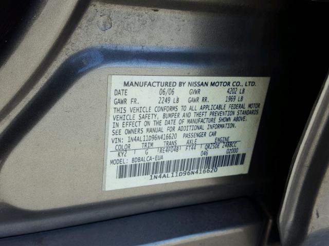 1N4AL11D96N416620 - 2006 NISSAN ALTIMA S GOLD photo 10