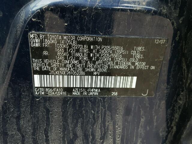 JTLKE50E281052386 - 2008 TOYOTA SCION XB BLUE photo 10