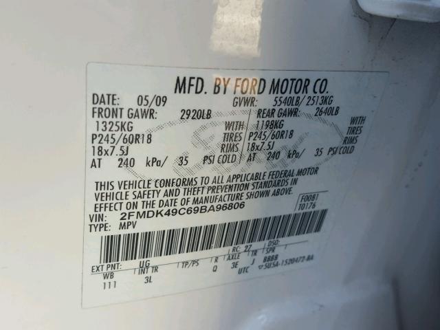 2FMDK49C69BA96806 - 2009 FORD EDGE LIMIT WHITE photo 10