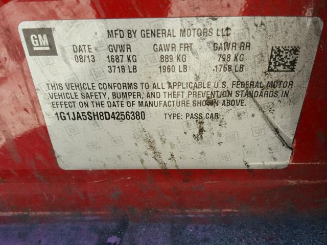 1G1JA5SH8D4256380 - 2013 CHEVROLET SONIC LS 红色 照片 10