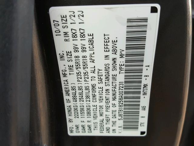 5J8TB18258A007231 - 2008 ACURA RDX GRAY photo 10