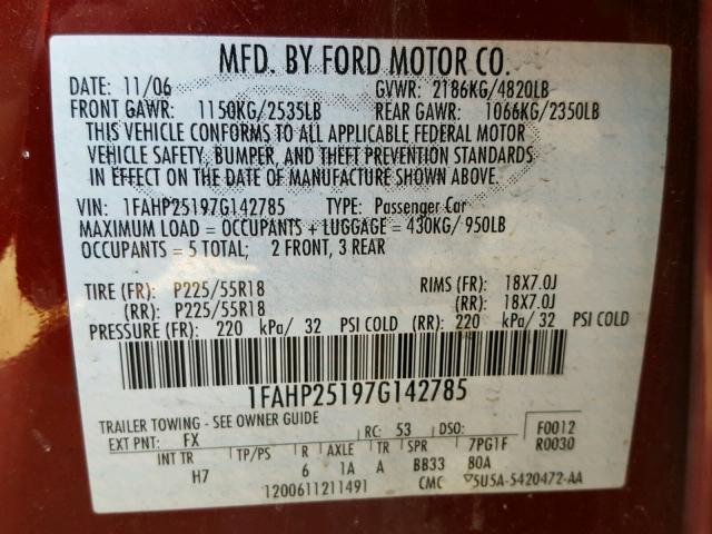 1FAHP25197G142785 - 2007 FORD FIVE HUNDR RED photo 10