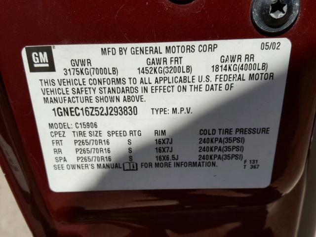 1GNEC16Z52J293830 - 2002 CHEVROLET SUBURBAN C RED photo 10