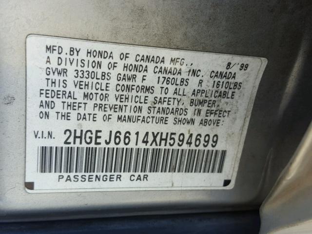 2HGEJ6614XH594699 - 1999 HONDA CIVIC BASE SILVER photo 10