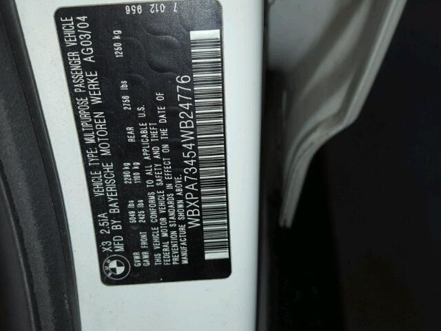 WBXPA73454WB24776 - 2004 BMW X3 2.5I WHITE photo 10