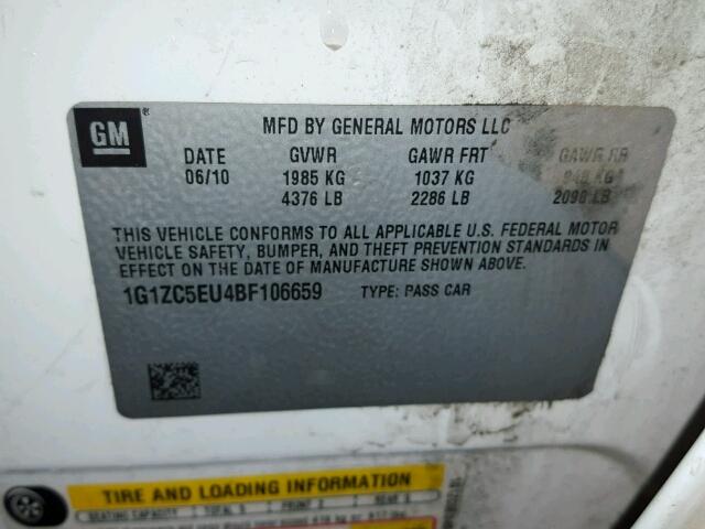 1G1ZC5EU4BF106659 - 2011 CHEVROLET MALIBU 1LT 白色 照片 10