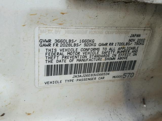 JA3AJ26E83U066534 - 2003 MITSUBISHI LANCER ES WHITE photo 10