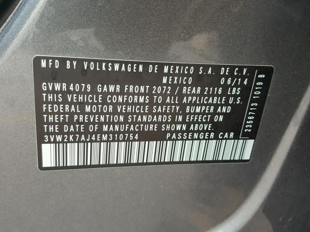 3VW2K7AJ4EM310754 - 2014 VOLKSWAGEN JETTA BASE 银色 照片 10