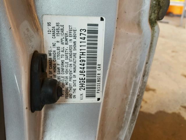 2HGEJ6449TH111473 - 1996 HONDA CIVIC DX SILVER photo 10