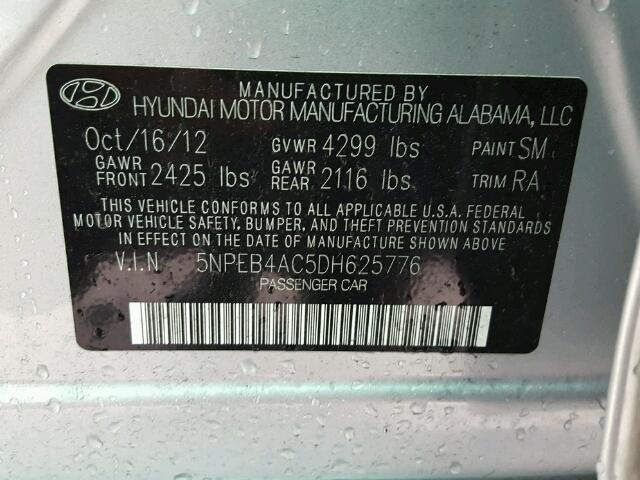 5NPEB4AC5DH625776 - 2013 HYUNDAI SONATA GLS SILVER photo 10