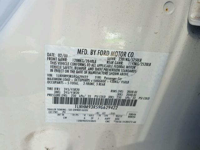 1LNHM93R59G629422 - 2009 LINCOLN MKS WHITE photo 10