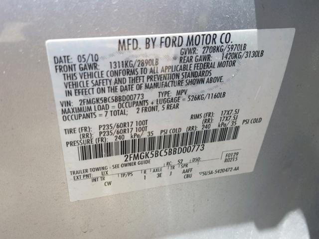 2FMGK5BC5BBD00773 - 2011 FORD FLEX SE SILVER photo 10